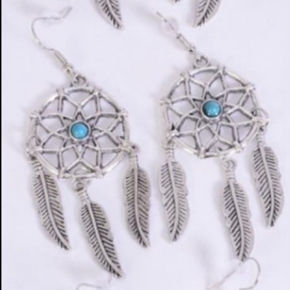 Southwest Silver Turquoise Blue Dream Catcher Earrings Feather Tassel Dangle NEW - Picture 11 of 12
